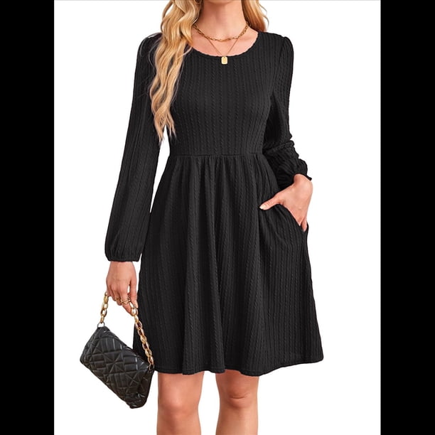 Vestido de Mujer con Mangas Largas Tipo Farol, Cuello Redondo, Falda Evasé, Moda de Otoño Negro XL