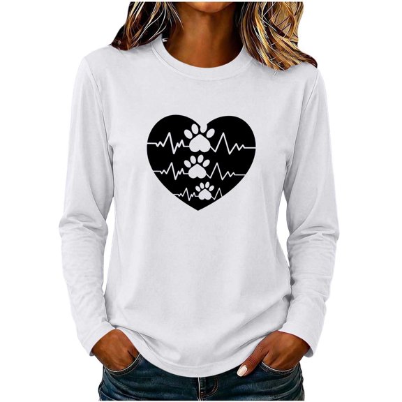 ZGRBOU Womens Dog Paw Love Print Cotton Sweatshirts Long Sleeve Crewneck Casual T-Shirts Puppy Lover Pullover Tee