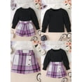 thumbnail image 2 of Pudcoco Kids Girl Fall Outfits Solid Color Square Neck Long Sleeve Tops Buttons Mini Plaid Skirts 2Pcs Clothes Set, 2 of 8