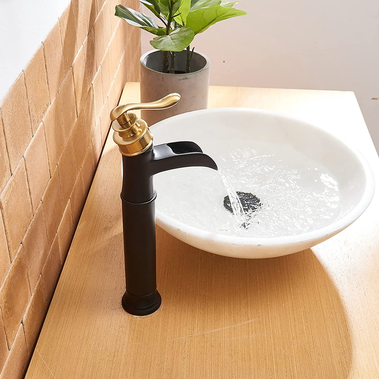 BWE Vessel Sink Faucet Waterfall Gold with Matte Black Single Hole with Pop Up Drain Without Overflow and Supply Lines Bathroom faucets for Sink One Handle Faucets Vanity Bath Mixer Tap Lead-Free