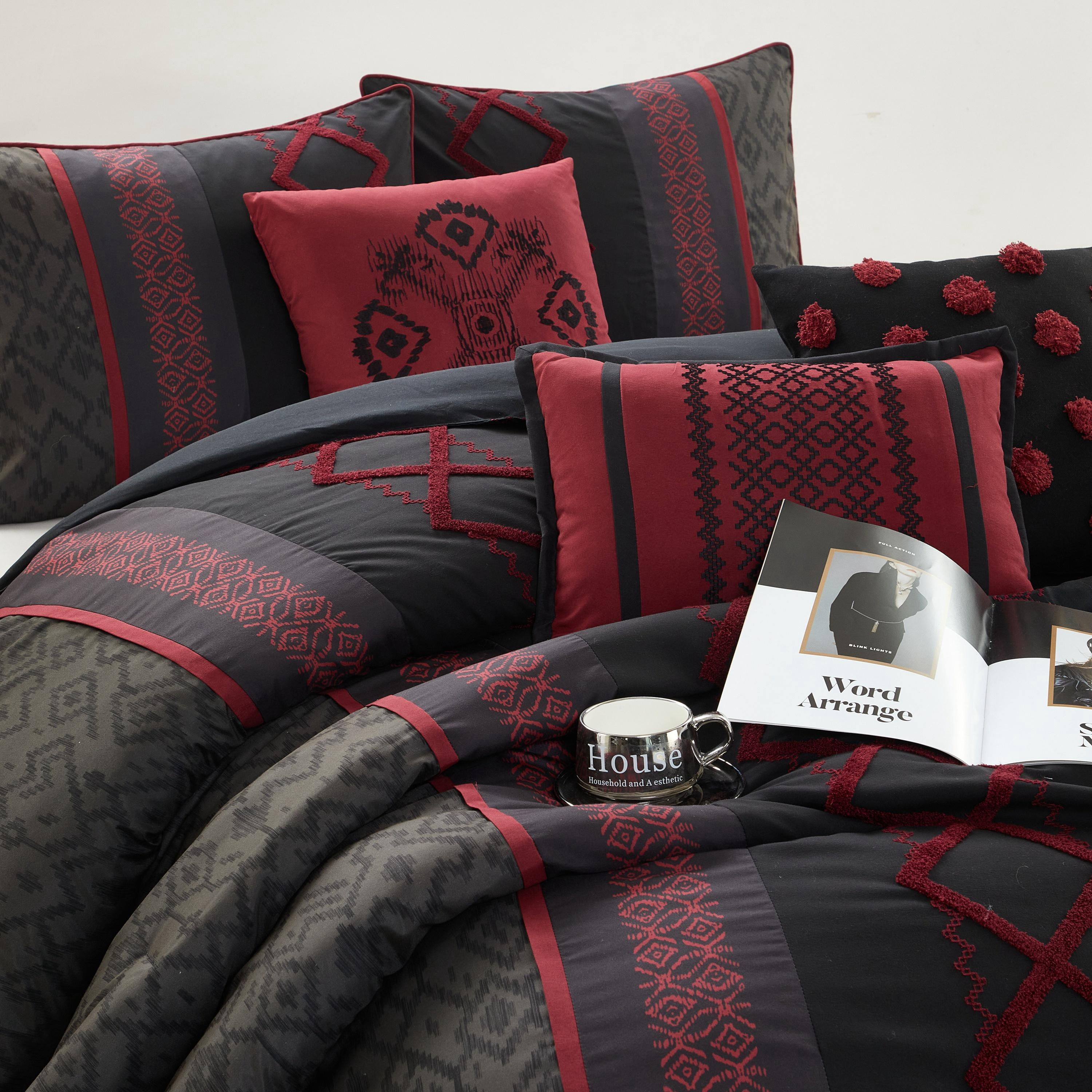 Nanshing Jamie 7 Piece Geometric Comforter Set, Black/Red, California King