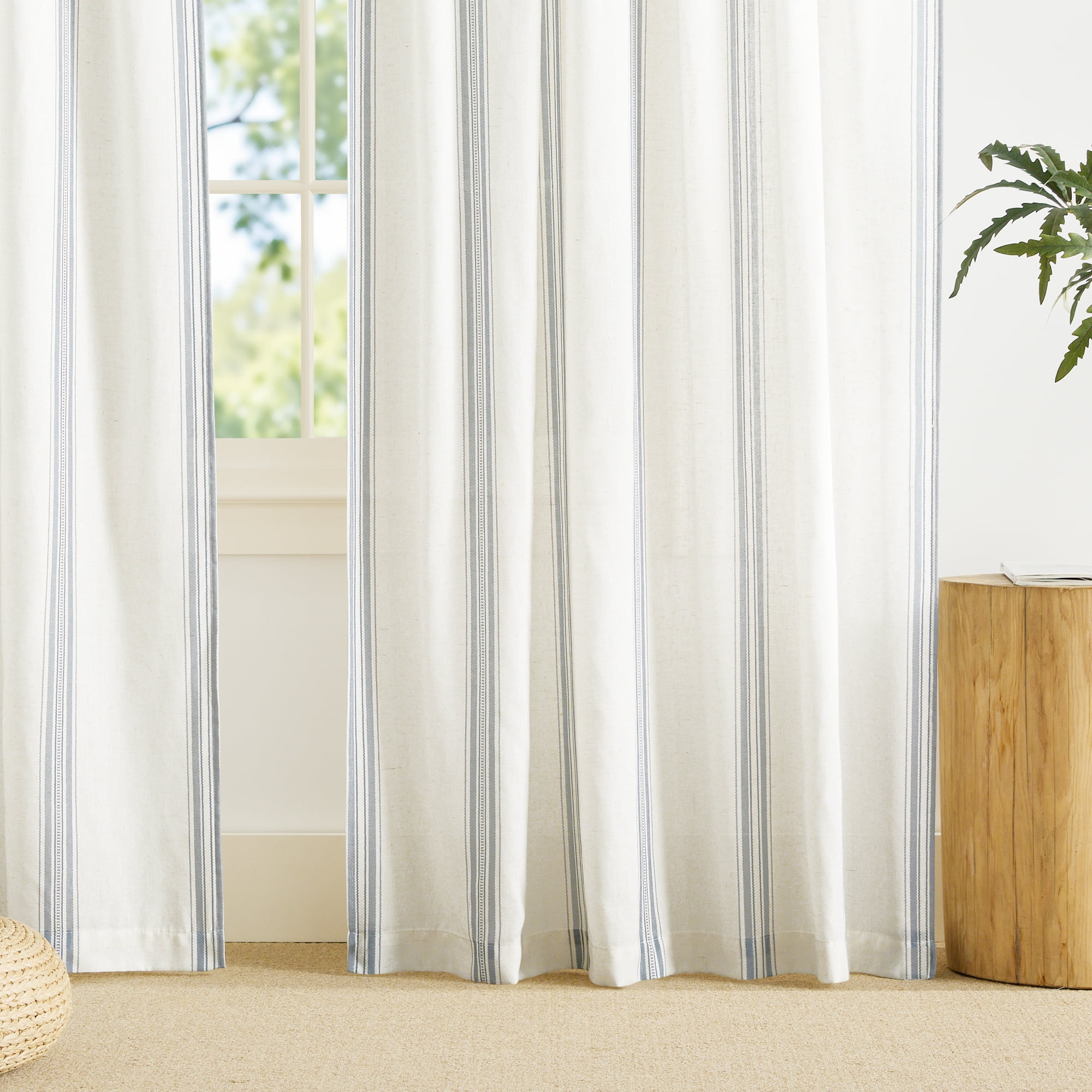 NICETOWN Blue Striped Curtains for Living Room, Linen Curtains Light Filtering Back Tab Farmhouse Rustic Drapes for Bedroom, 52"x84", 2 Panels