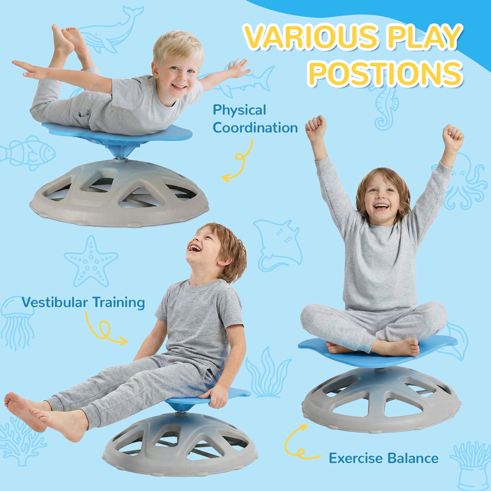 TLSUNNY Sensory Swivel Chair, Fish-Shaped Spinning Chair for Autistic Kids & ADHD, Training Body Coordination, Upgraded Base & Safety Handle, Sit and Spin Toy for Kids