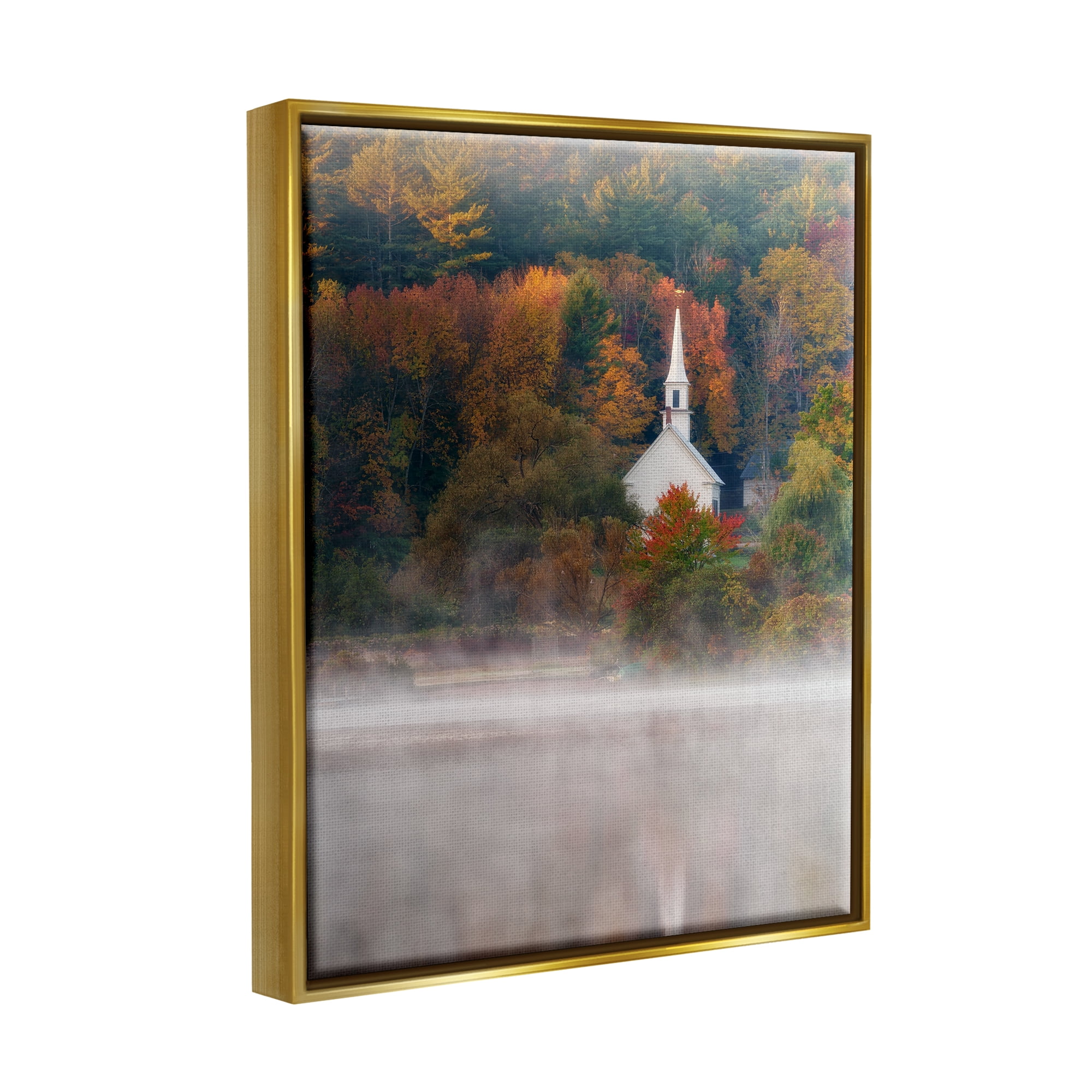 Stupell Foggy Lake Autumn Foliage Scenery Landscape Photography Gold Floater Framed Art Print Wall Art