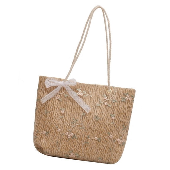 YIEMEEN Vacation Woven Straw Shoulder Bag with Lace Bows Large Beach Carryall Handbag