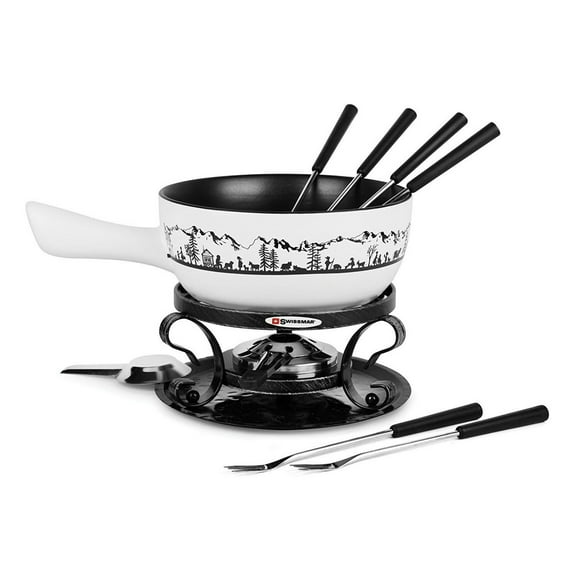 Swissmar - Fondue - Heidi Ceramic Fondue 9-Piece Set, Stainless Steel / Heat resistant fondue forks