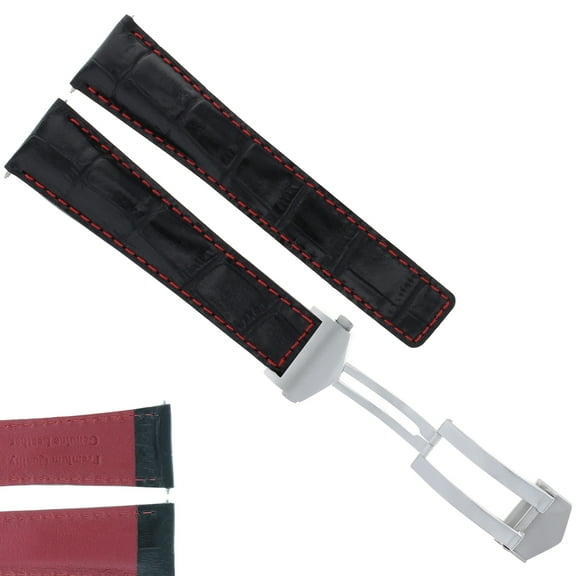 19MM LEATHER STRAP BAND CLASP FOR TAG HEUER CARRERA TWIN TIME BLACK RED STITCH