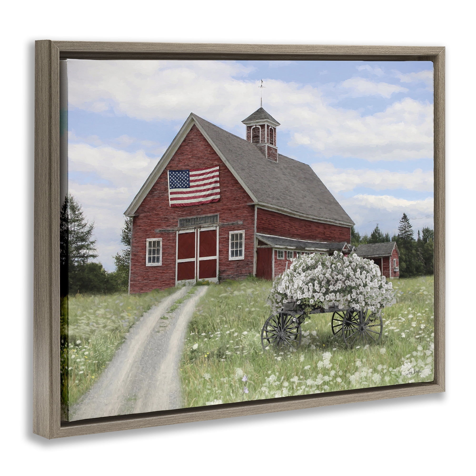 Stupell Industries Barn with Floral Wagon Patriotic Painting Brown Floater Framed Canvas Art Print Wall Art, 21 x 17