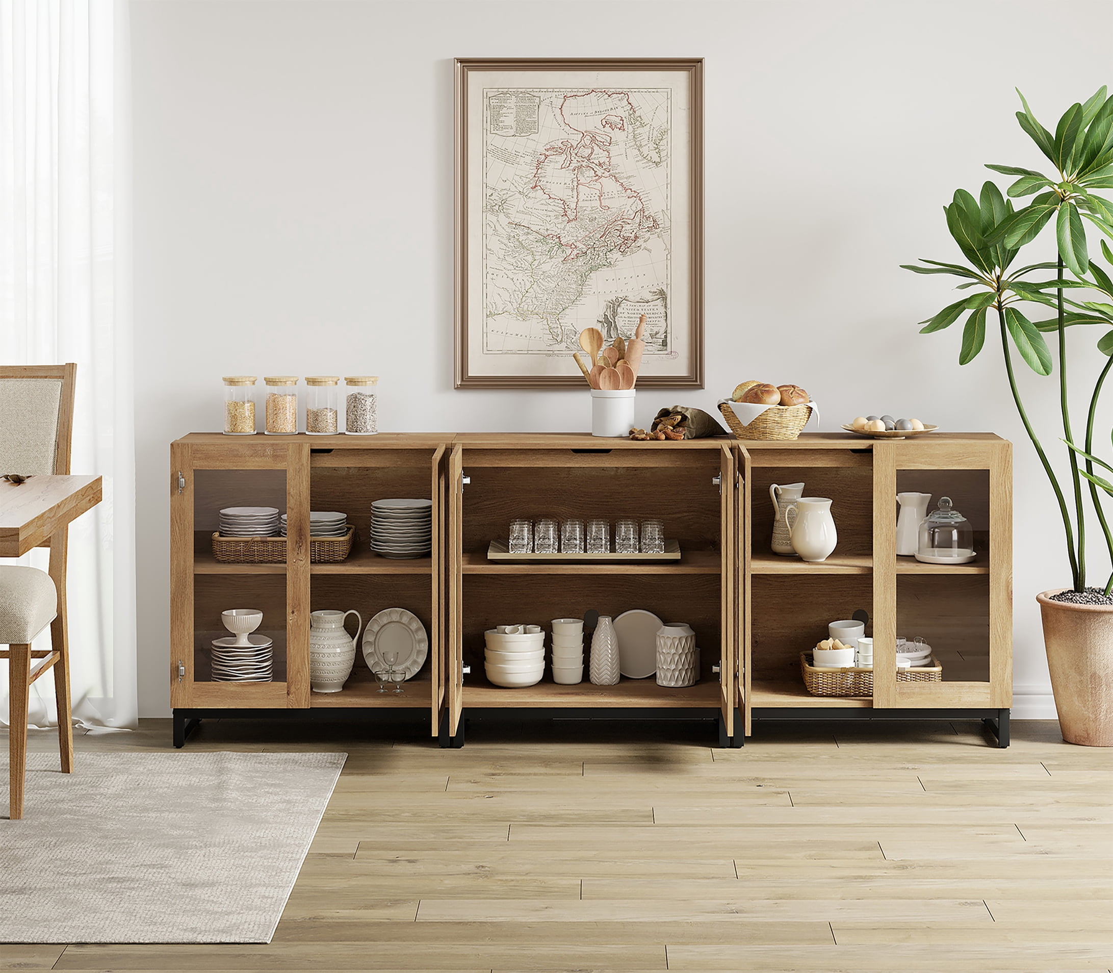 WAMPAT 3 in 1 Multifunctional Sideboard Buffet Cabinets with 6 Glass Doors, Modern Sideboard Credenza with Adjustable Shelf, Coffee Bar Storage Cabinet for Living Room, Kitchen, Oak