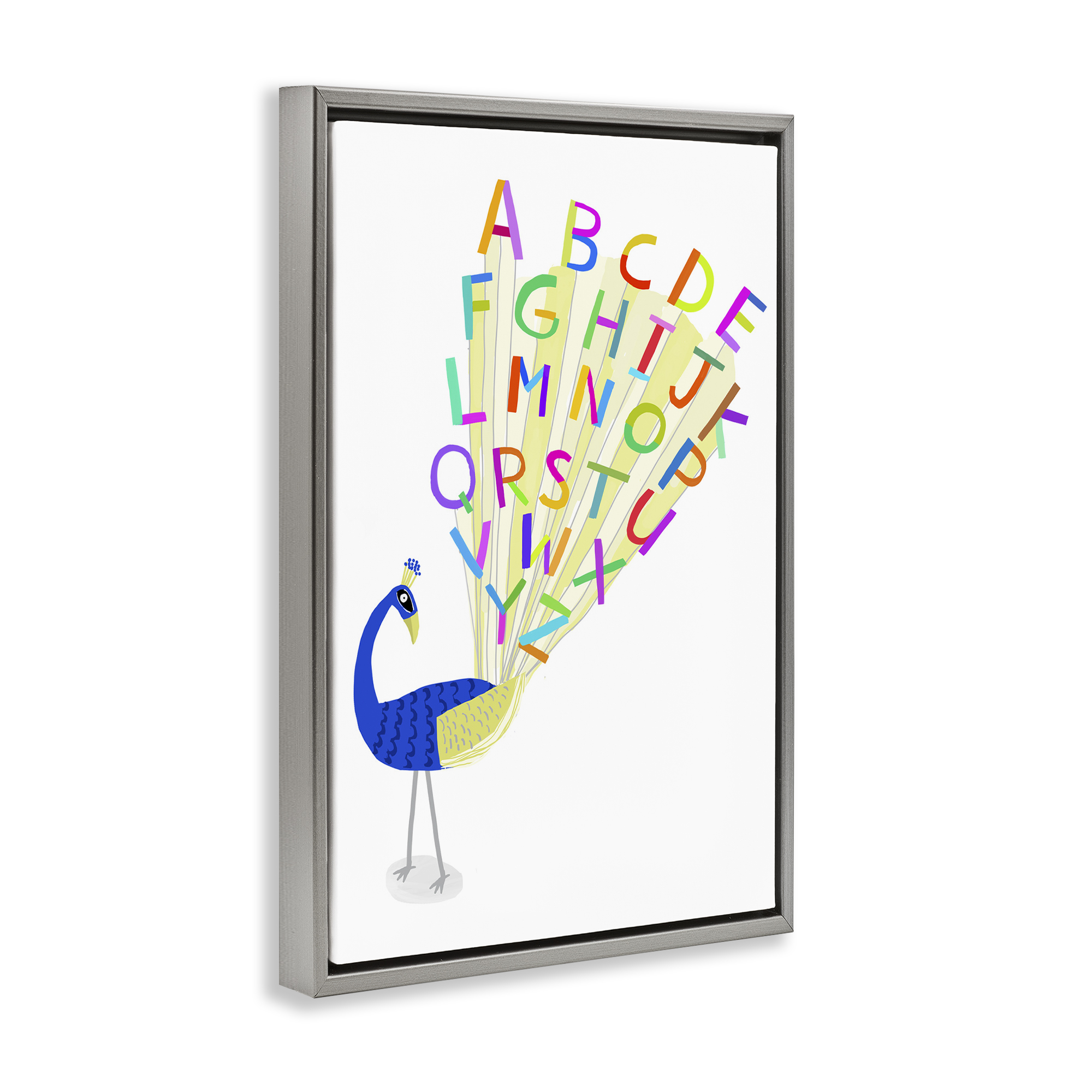 Stupell Industries Peacock Alphabet Feathers Animals & Insects Painting Gray Floater Framed Art Print Wall Art, 21 x 31