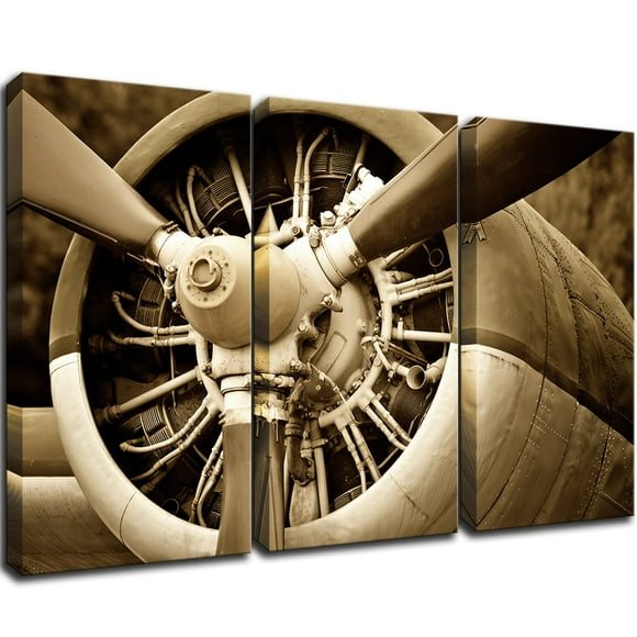 KLVOS 3 Pcs Art d'Avion Vintage Décoration Murale en Toile Avion Rétro avec Hélice Gros Plan Peintures Modernes Étirées et Encadrées pour Salon Maison 16"x32"x3 Panneau