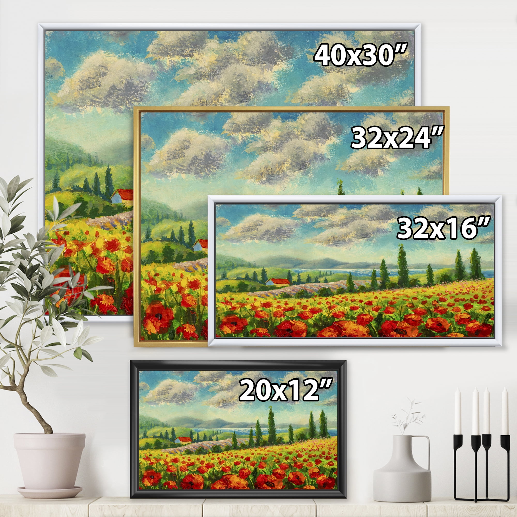 Designart 'Beautiful Landscape With Poppies Flowers By Riverside' Traditional Framed Canvas Wall Art Print
