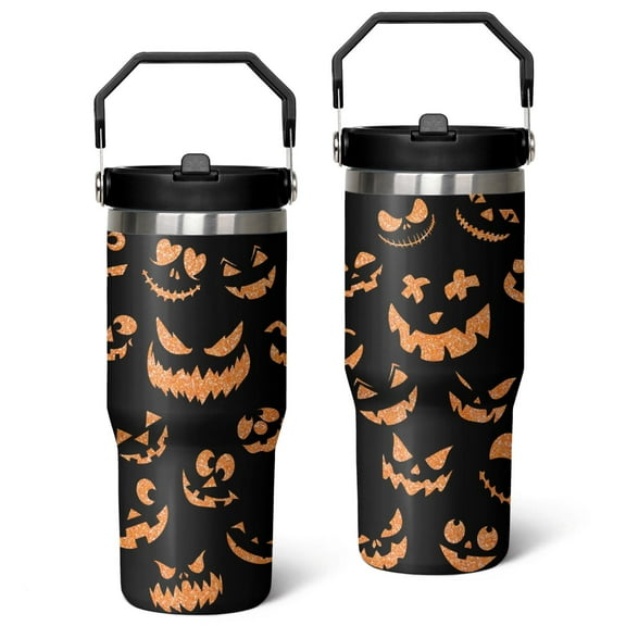 Halloween Pumpkin Face 30 Oz Tumbler With Handle and Straw, Stainless Steel Double Walled Vacuum Insulated Cup, Holiday Gifts for Women Men