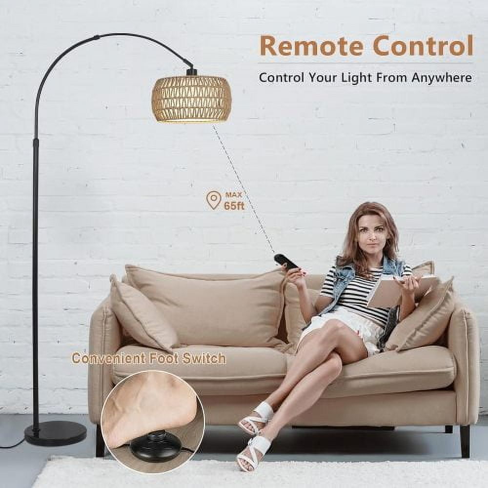 ACE-LIGHTS,Arc Dimmable LED Rattan Boho Floor Lamp with 3 Color Temperature & Remote Control,Standing Lamp,Farmhouse Tall Lamp,Over Couch Arched Reading Light for Living Room,Bedroom,Office(Black)