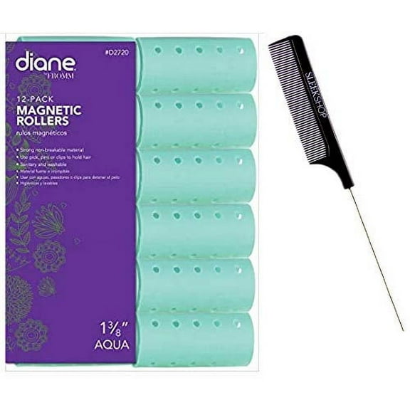 Diane by FROMM Magnetic Rollers, Original or Snap-On Hair Perm Rollers (w/Sleek Comb) Hold & Lock Curls, Professional Quality (AQUA - 1 3/8" (12 Pack))