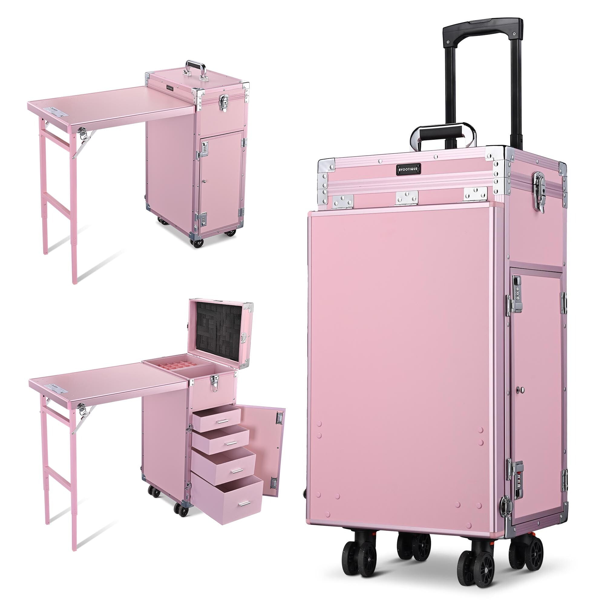 Byootique Portable Pink Trolley, Makeup Train Case, Nail Desk