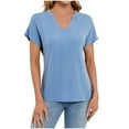 thumbnail image 3 of Htigea Womens Summer V Neck T Shirts Casual Roll Short Sleeve Tops Loose Fit Basic Tee with Pocket Sale Blue,S, 3 of 6