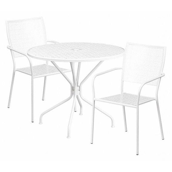 Flash Furniture Oia Commercial Grade 35.25" Round White Indoor-Outdoor Steel Patio Table Set with 2 Square Back Chairs
