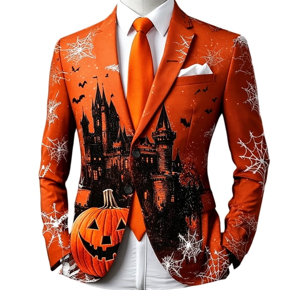 FGVCTG Mens Halloween Blazer Jacket Pumpkin Castle Graphic Slim Fit 2 Button Sport Coat for Halloween Holiday Party Cosplay with Pockets Saffron M