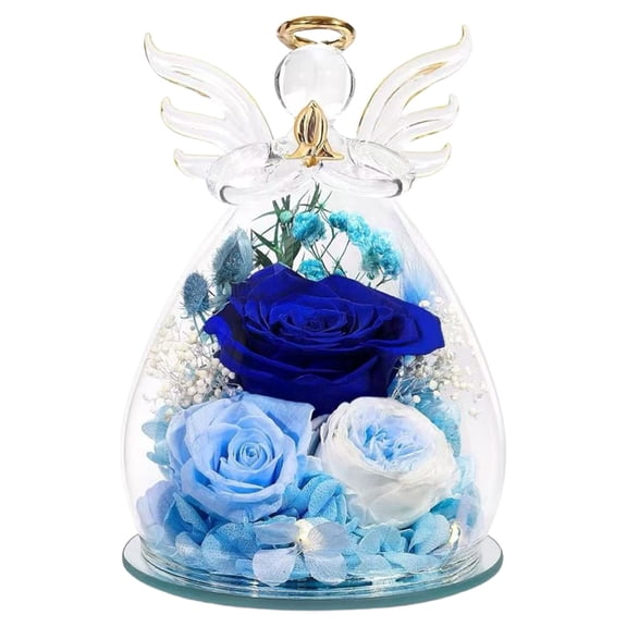 Mothers Day Rose Gifts for Women Preserved Real Flower in Glass Angel Figurines Roses for Delivery Prime Birthday Gifts for Mom Grandma Girlfriend Wife Her, Blue