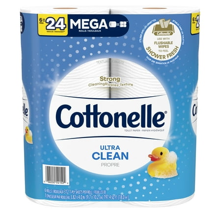 Cottonelle Ultra CleanCare Strong Toilet Paper, 6 Mega Rolls, 312 Sheets per Roll (1,872 Total)