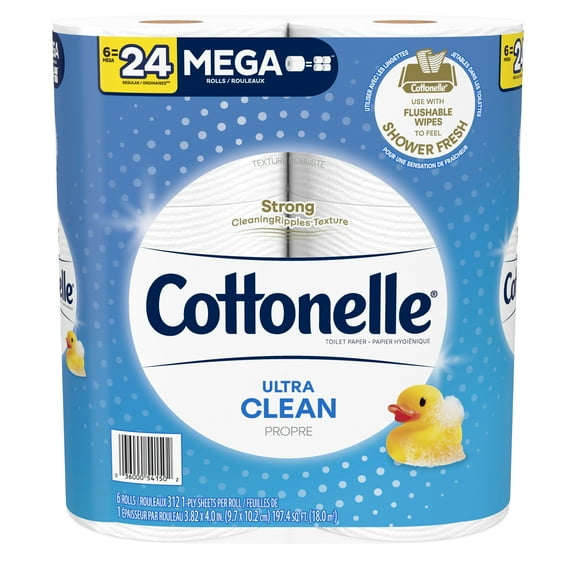 Cottonelle Ultra CleanCare Strong Toilet Paper, 6 Mega Rolls, 312 Sheets per Roll (1,872 Total)
