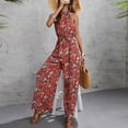 thumbnail image 6 of Women's Halter Neck Tie Waist Jumpsuit Sleeveless Bohemian Floral Printed Wide Leg Rompers Overalls Ankle Beach One Piece Outfits Pants, 6 of 7