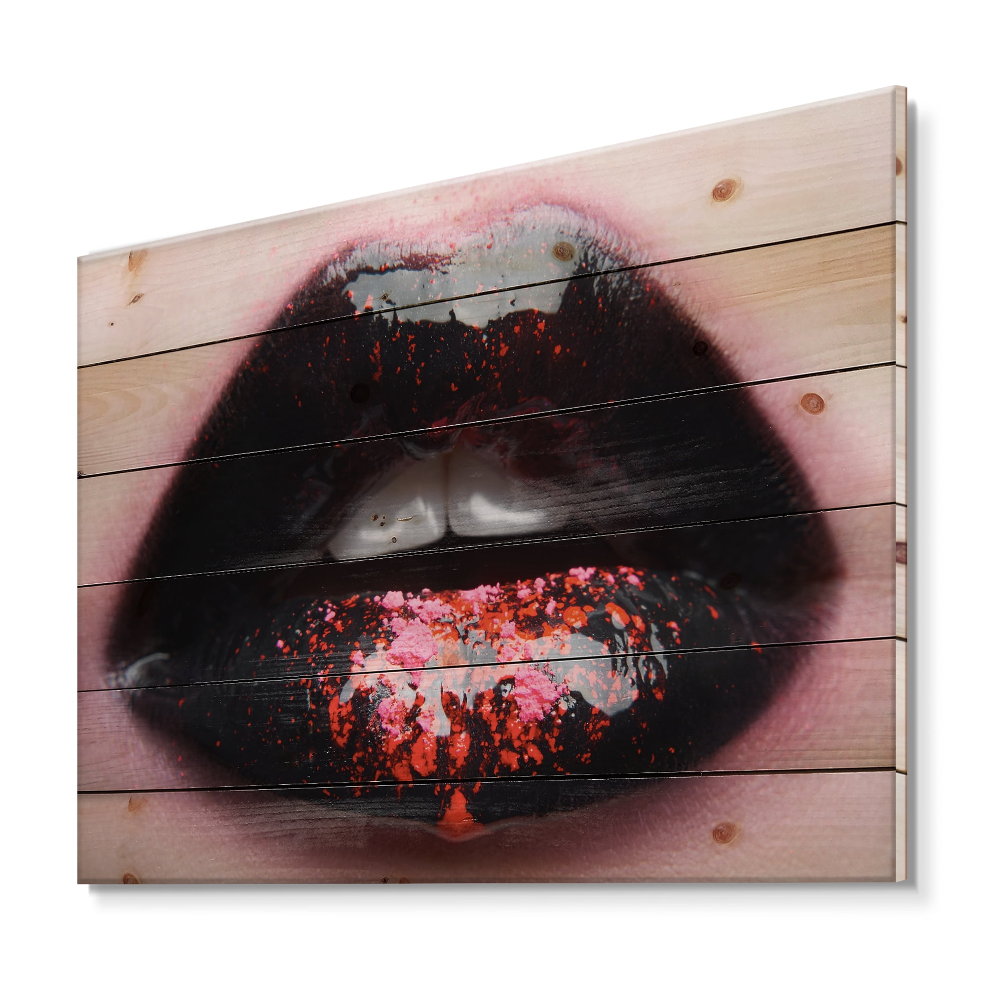 Designart 'Plump Woman Lips With Pink and Black' Modern Print on Natural Pine Wood