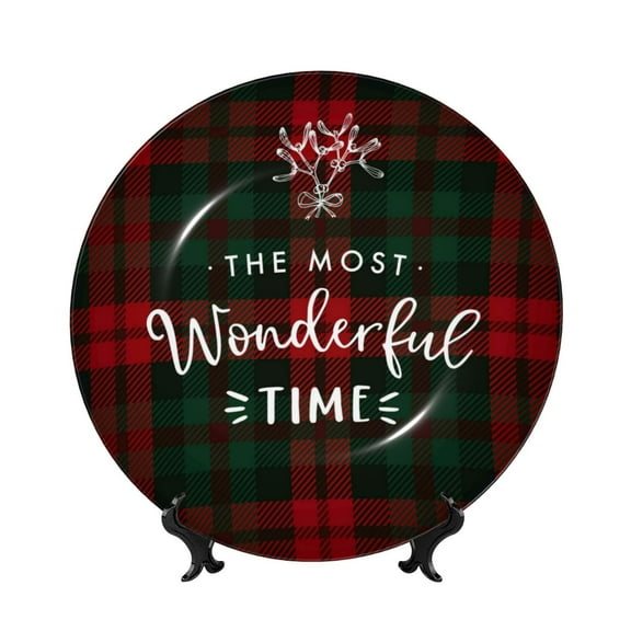 Easygdp Wonderful Time Christmas Bone China Decorative Plate Ceramic Dinner Plates Art Crafts with Display Stand-6in