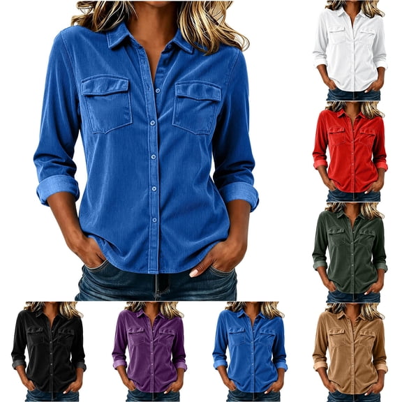 Antinious Women Long Sleeve Collared Button Pocket Solid Loose Stylish Corduroy Cardigan
