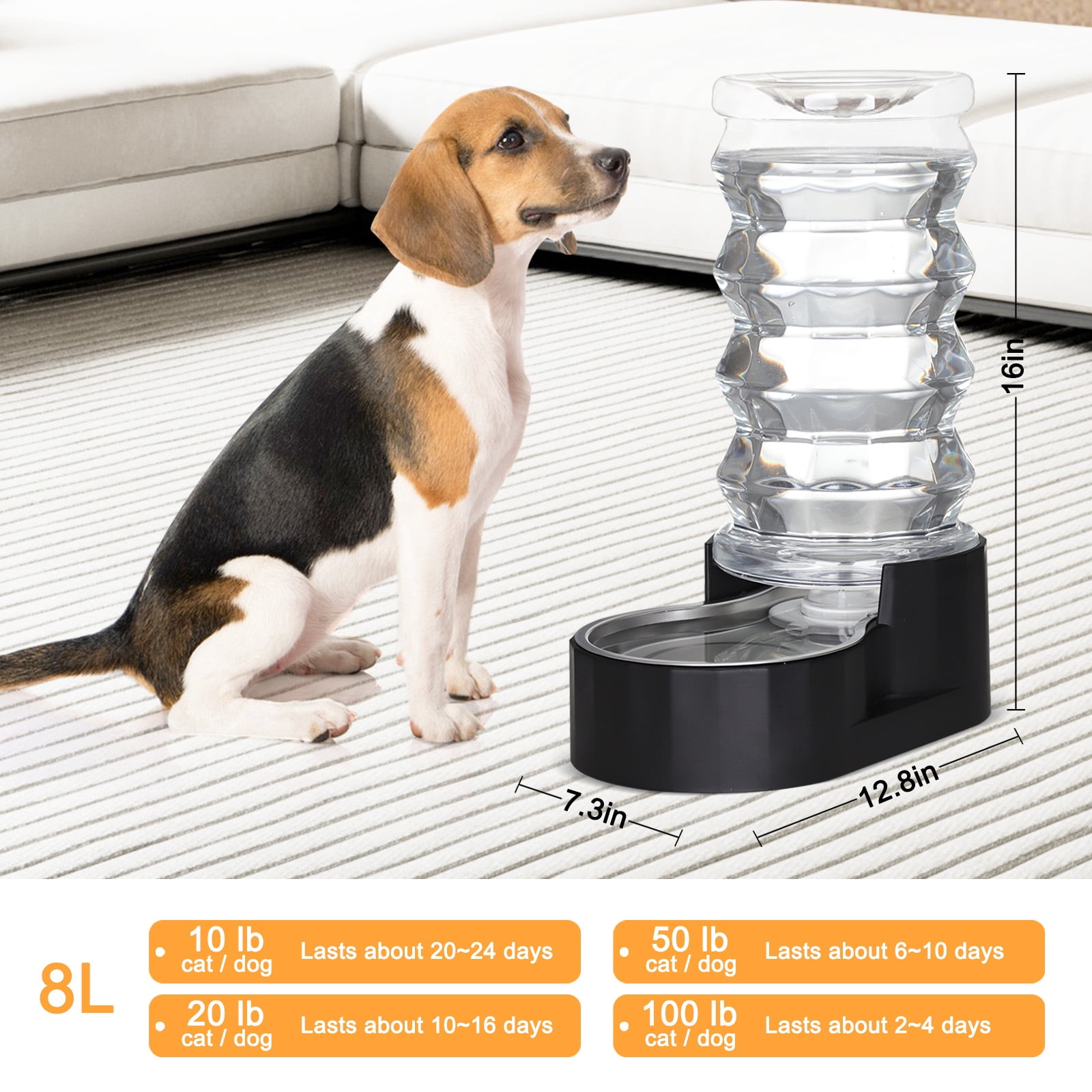 RIZZARI Black 8L Automatic Pet Waterer - Gravity-fed Stainless Steel Water Dispenser, 100% BPA Free, Leak-proof, Odorless, Easy to clean,  Large Capacity Feeder for Cats and Dogs