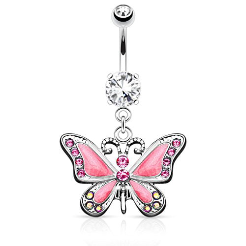Navel Belly Bars Crystal Dangly Body Piercing Belly Button Gold plated Butterfly 
