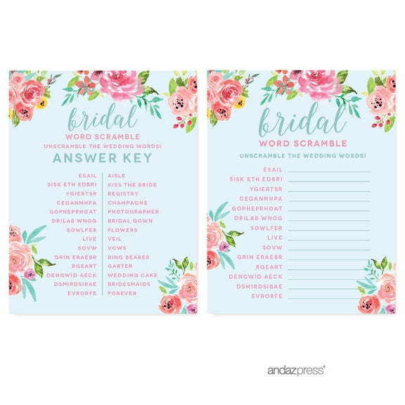 Wedding Pink Roses English Tea Party, 20-Pack Word Scramble Bridal Shower Game Cards, Games