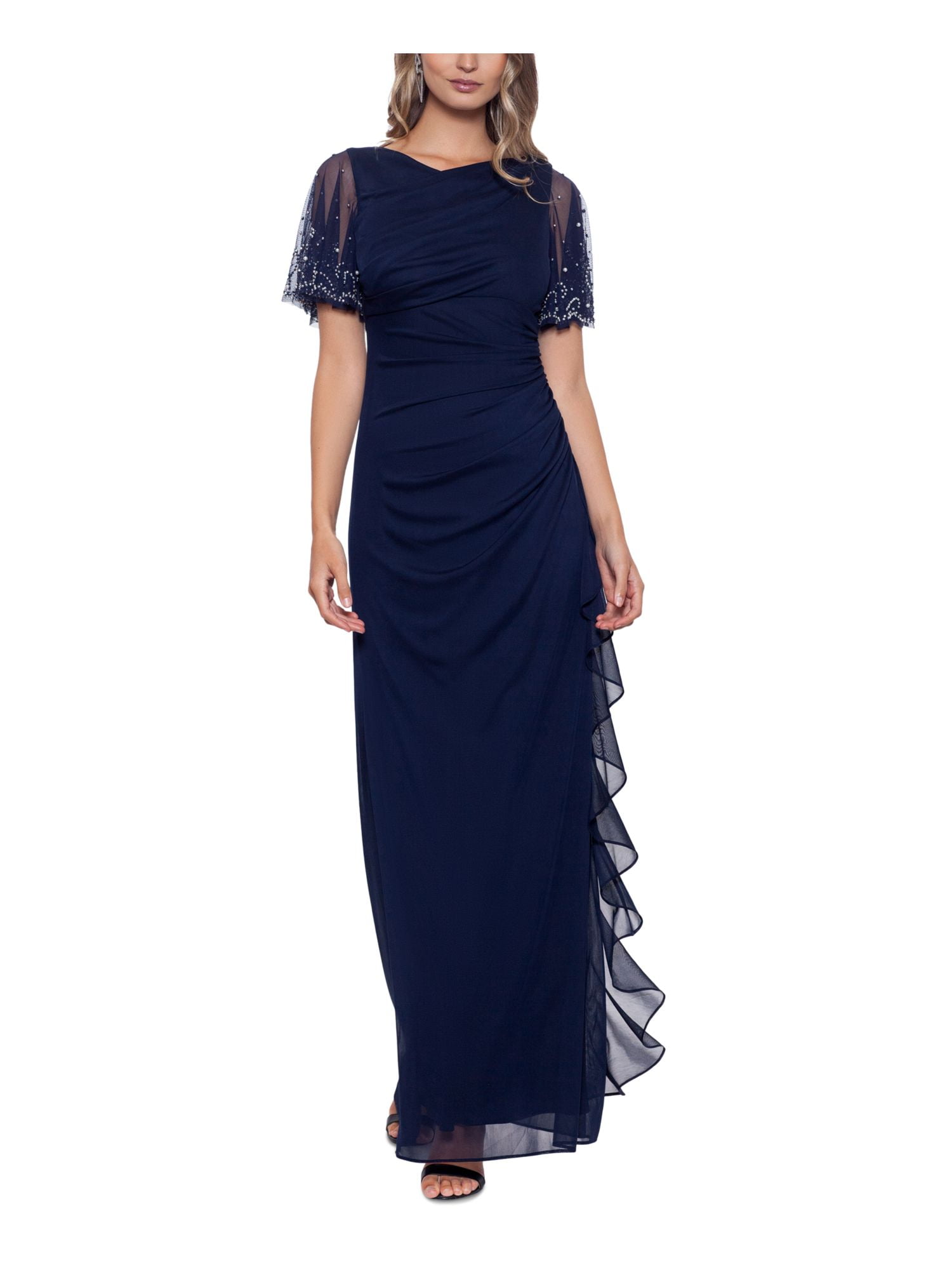 BETSY & ADAM Womens Navy Embellished Zippered Ruched Cascading Ruffle ...
