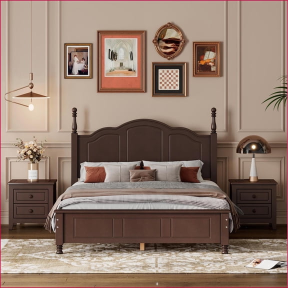 3-Piece Bedroom Set Full Size Wood Platform Bed   2 Nightstands Walnut Brown | Wood | Standard Beds