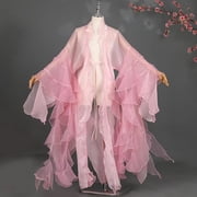 Yvsxxv Pink Sheer Chiffon Open Front Long Sleeve Hanfu Outer Cardigan Dress