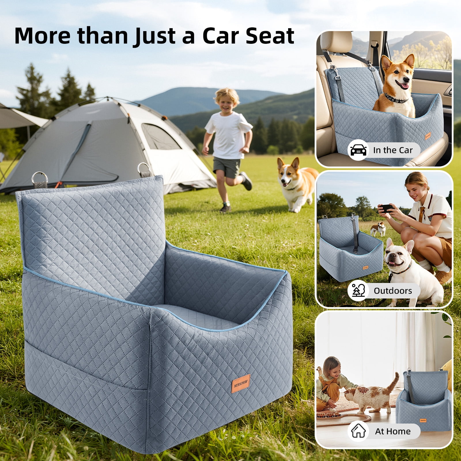 NIYAPAW Elevated Dog Car Seat for Small/Medium Dogs up to 35 lbs,Memory Foam Pet Booster Seat with dog car bed, Safety Pet Seat with Seatbelt Channel，Washable and Detachable (Gray)