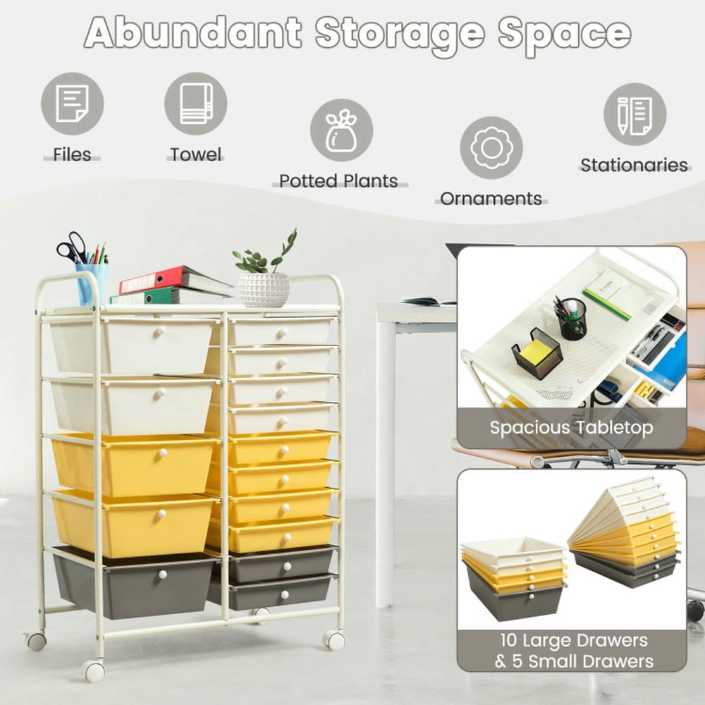 Canddidliike 15-Drawer Storage Rolling Organizer Cart, Craft Organizers and Storage, Multipurpose Organizer Cart for Home, Office, School, Yellow