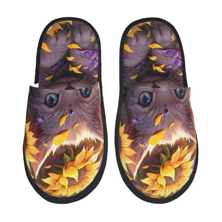 Balery Sunshine Cute Cat Sunflower Slient Indoor Furry Fleece Comfort House Shoes Soft Non-Slip Home Shoes Cotton slippers House Slippers-- Medium