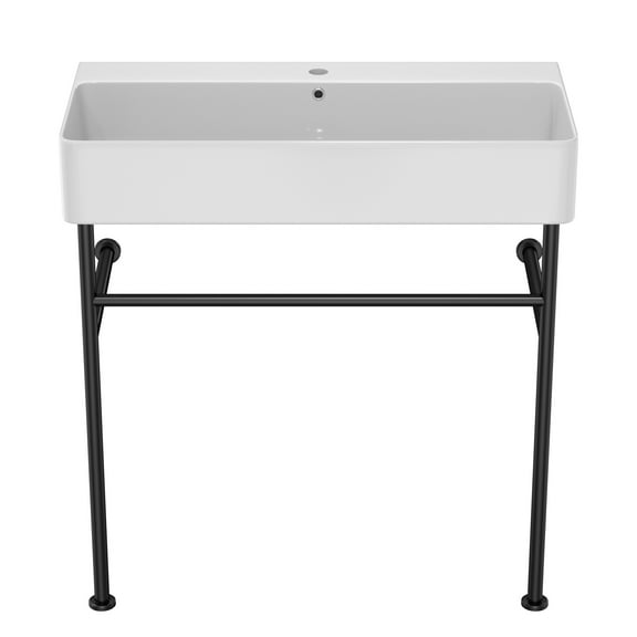Kichae 31.5"x16.3"x5" White Console Sink Ceramic Bathroom Vanity Pedestal Sinks with Black Stainless Pedestal