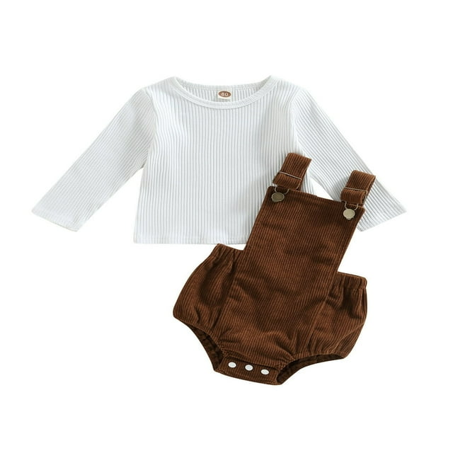 Combinaison de Printemps 2 Pcs pour Bébé, Manches Longues, Simple, Côtelée, Col Ras du Cou, Hauts + Bretelles à Boucle, Bretelles à Boutons-Pression, Barboteuse à Bretelles Triangulaires