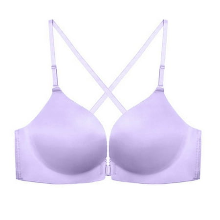 

Lovskoo Women Wireless Push-Up Front Closure Cross Back Bras Nude Unlined Brassiere Purple