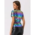 thumbnail image 3 of DARING DIVA Women's V Neck Party Clubwear Shiny T-Shirts M Blue Pink, 3 of 6