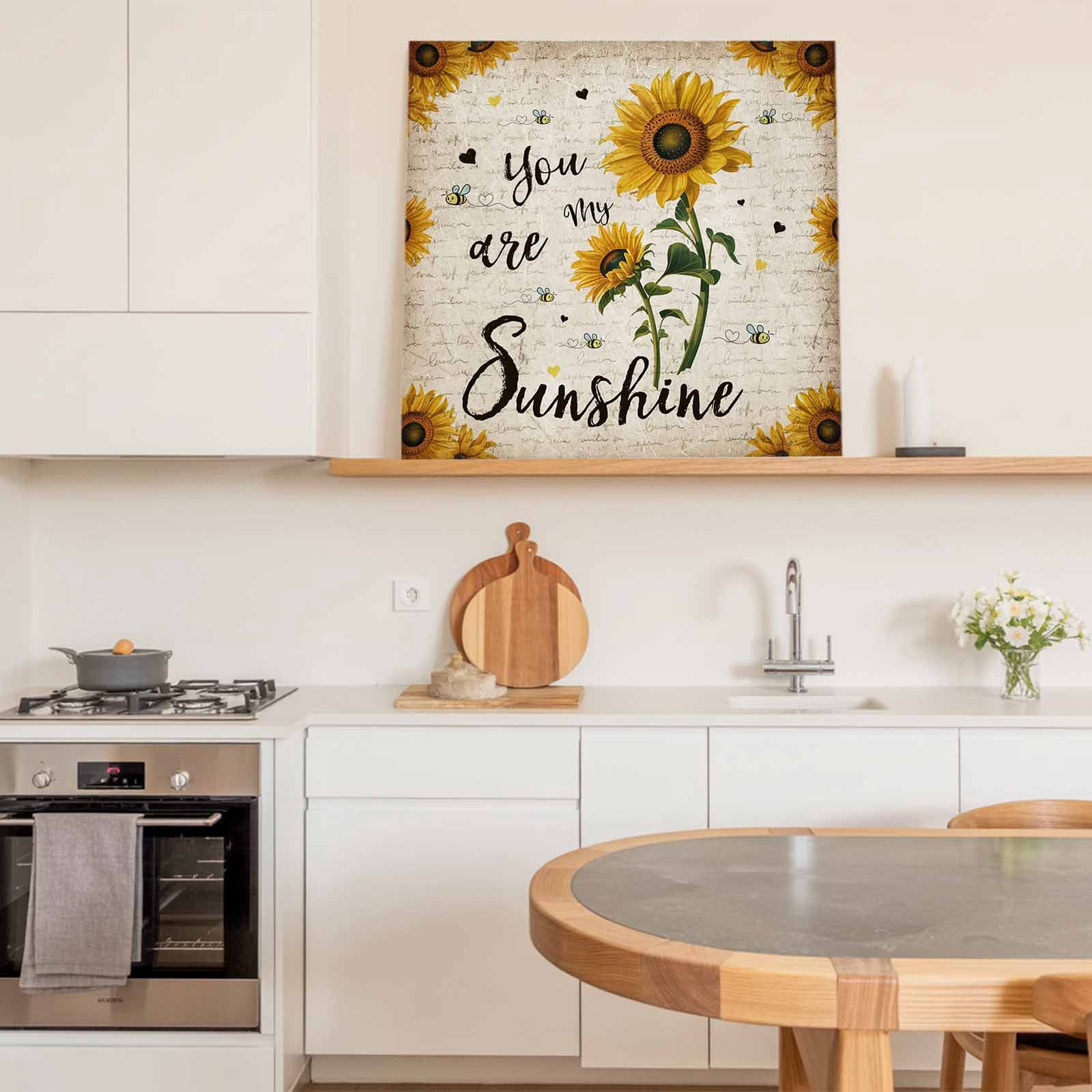 Vintage Sunflower Framed Canvas Wall Art, You Are My Sunshine Floral Bee Beige Letter Wall Art Painting for Living Room Bedroom Home Decor, 16”x16”, Office Artwork Print
