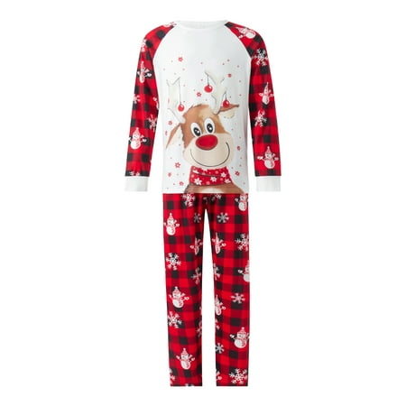 

Listenwind Family Matching Christmas Pajamas Baby Romper/Cartoon Elk Print Long Sleeve Tops + Snowman Snowflake Print Elastic Waist Plaid Pants Set/Romper