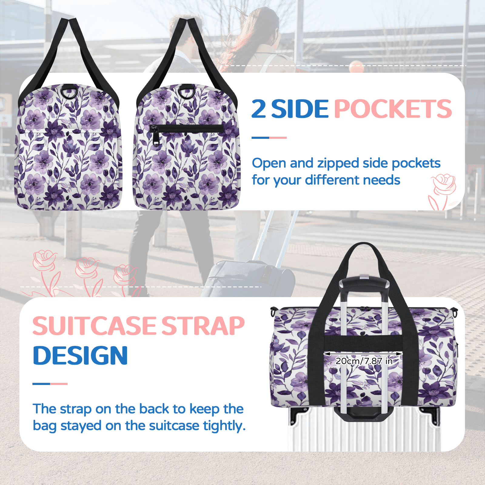 Herdesigns Flower Purple Gym Bag for Women, Duffle Bag for Travel Sport, Lightweight Waterproof Carry on Weekender Overnight Dance Yoga Workout Bags