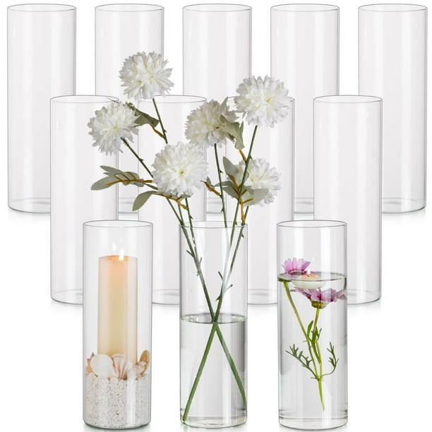 Glasseam 3.3x10 Inch Glass Cylinder Vases Set of 12 Clear Floating Pillar Candle Vase in Bulk