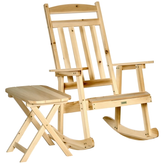 Outsunny Patio Wooden Rocking Chair with Table, Outdoor Rocker Set with High Back Armchair and Foldable Side Table for Backyard, Garden, Porch, Natural