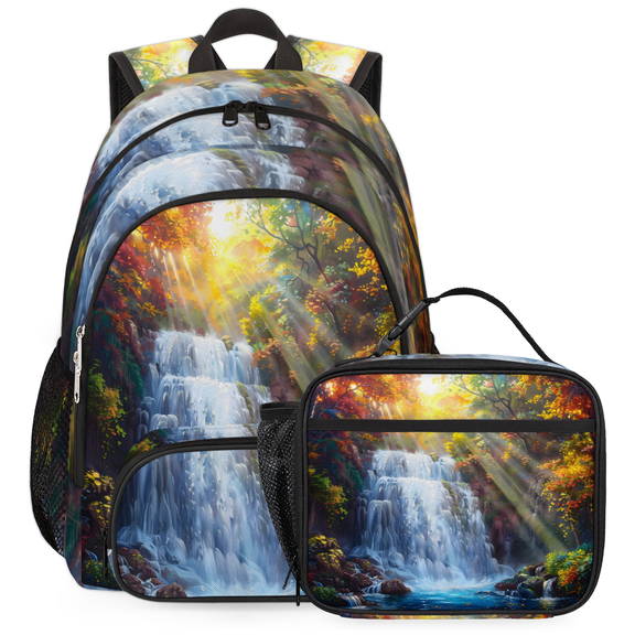 Herdesigns Landscape Large Backpack Set with Lunch Box Lightweight Water Resistant Travel Laptop Backpacks Casual Daypacks for Women Men
