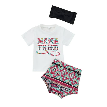 

Doqcey Baby Girl Summer 3Pcs Set Short Sleeve Letter Print Tops+ High Waist Printed Shorts +Headband